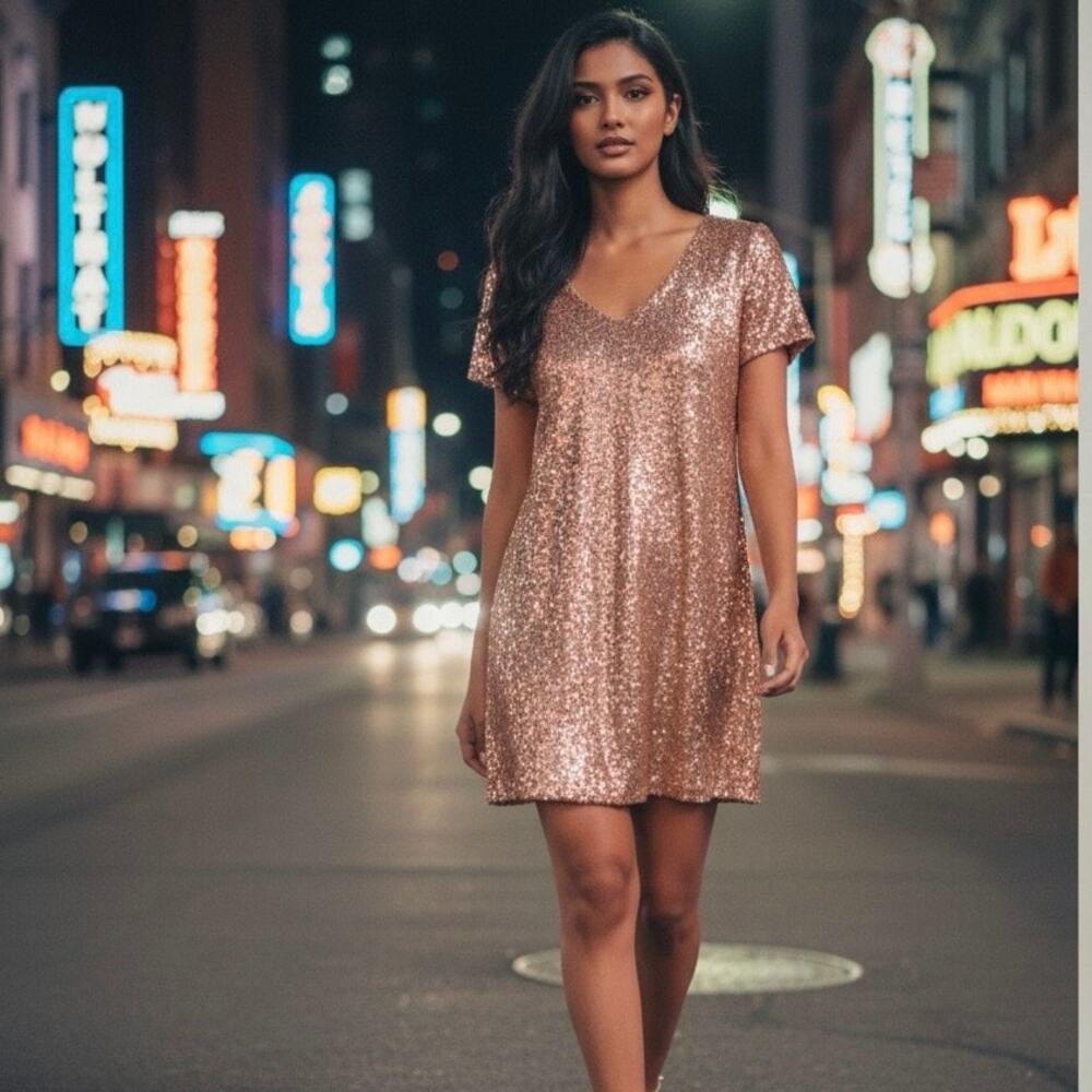 LULU’s Sequined Mini Dress SIZE MEDIUM Peach Short Sleeve V-Neck Cocktail Dress